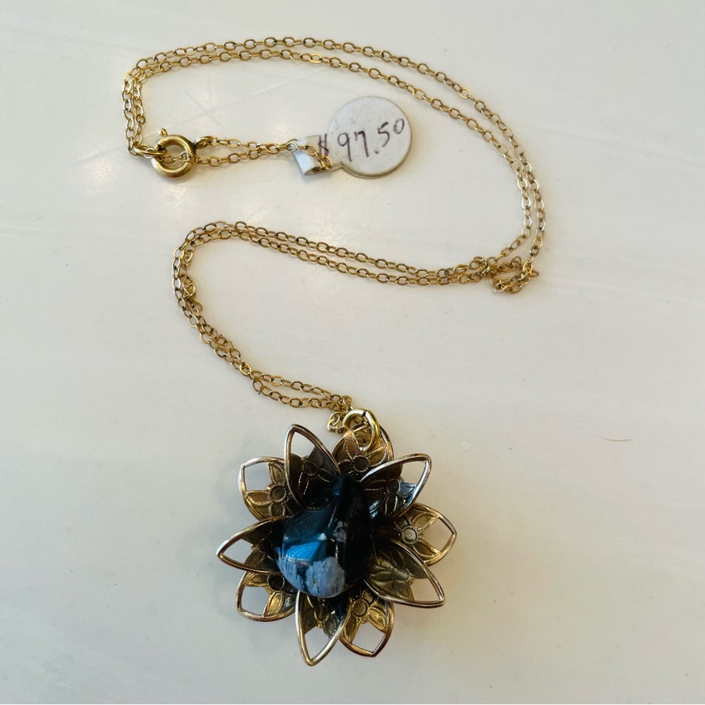 Vintage 925 Sterling Silver Filigree Flower Pendant Necklace 18" Obsidian Center